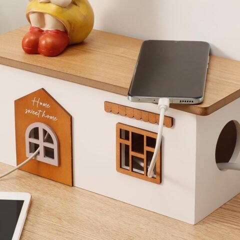 Cable Management Box, Wood Extension Cord Organizer, Handmade Power Strip Box for TV Computer Wire USB Hub System, Surge Protector Cord Hider Box on Desk or Floor (Medium)