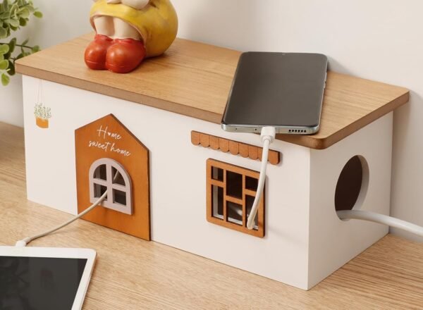 Cable Management Box, Wood Extension Cord Organizer, Handmade Power Strip Box for TV Computer Wire USB Hub System, Surge Protector Cord Hider Box on Desk or Floor (Medium)