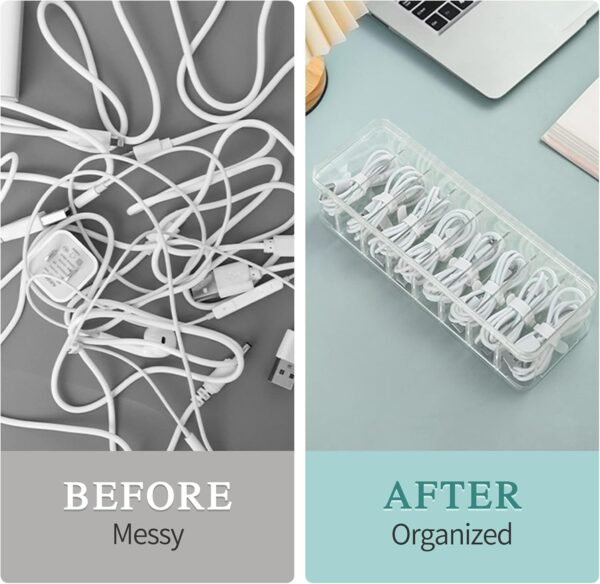 Clear Electronics Organizer Box with 10 Wire Ties, Desktop Cable Management Box with Lid, Acrylic Cord Organizer Case 8 Compartment Electronic Accessories Case for Desk Drawer, Office, Home