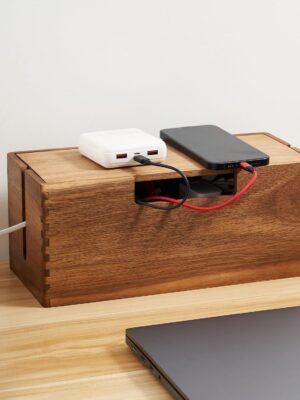 Acacia Wood Cable Management Box, Wooden Cord Hider & Organizer for Power Strip, Electrical Hiding, TV Wires, Desk & Floor Cables - Office Under Desk Cable Storage Box for Wire Storage Organization