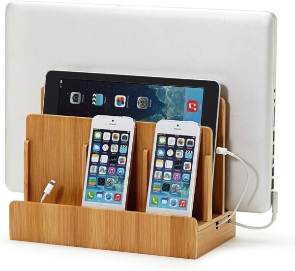 Multi-Device Charging Station Dock & Organizer - Multiple Finishes Available. for Laptops, Tablets, and Phones - Strong Build, Eco-Friendly Bamboo