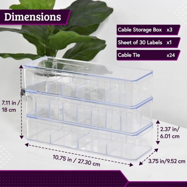 Set of 3 Cable Organizer Boxes with Labels - Charger Box Organizer, Stackable with Lids - Cord Storage for Desk & Drawer - Case