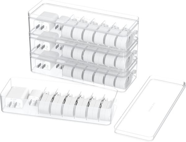 4 Pcs Cable Organizer Box,Plastic Cord Charger Storage Organizer Box with Lid Stackable Electronics Organizer for Desk Data Cable Management Box