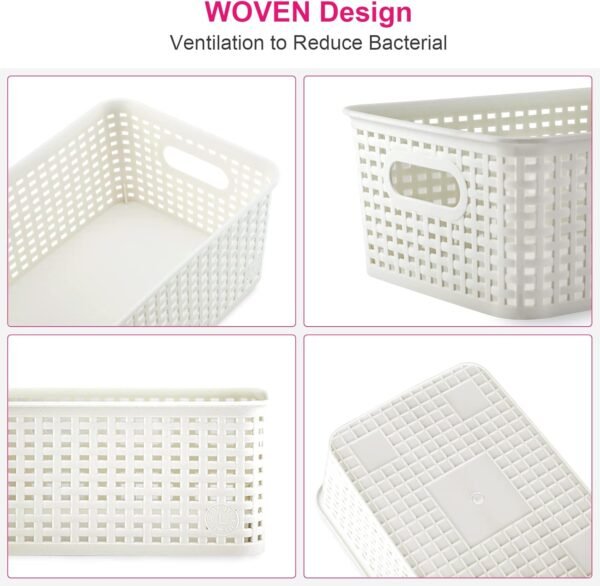 Plastic Storage Baskets With Lid Organizing Container Lidded Knit Storage Organizer Bins for Shelves Drawers Desktop Closet Playroom Classroom Office, White, 6 Pack