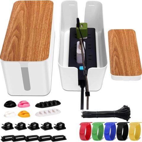 Cable Management Box 2 Pack with 122 Cable Clips Set, Large Cord Organizer Box Hide Power Strip for Computer, Router, USB Hub and Under Desk Power Strip, Safe ABS Material Cord Management
