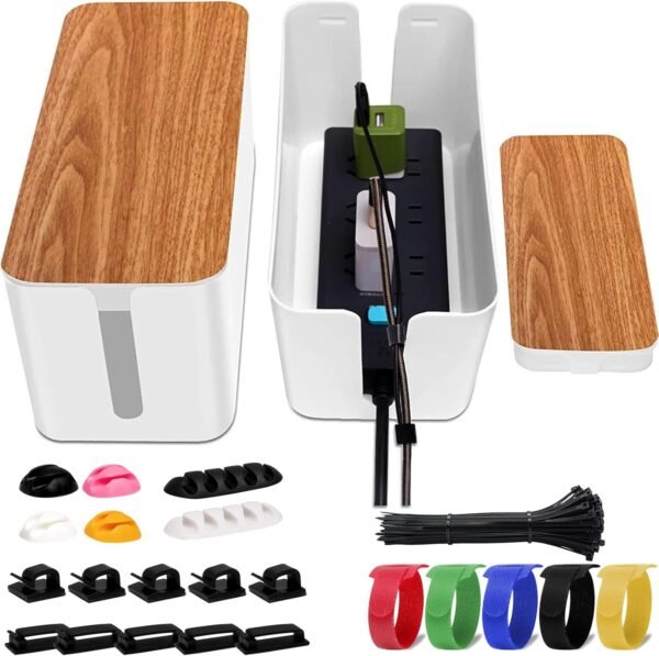 Cable Management Box 2 Pack with 122 Cable Clips Set, Large Cord Organizer Box Hide Power Strip for Computer, Router, USB Hub and Under Desk Power Strip, Safe ABS Material Cord Management
