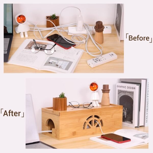 Extra Large Cable Management Box with Lid, Bamboo Cable Box for Cords, Power Strips or Surge Protectors, Hide Loose Wires Behind TVs, Home, Computers, Office Desks by