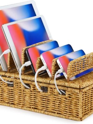 Cable Management Box Handwoven Imitation Rattan Cord Hider Box Charging Station Basket Desktop Cord Organizer with Removable Divider for Laptop Tablet 12.5lx5.9hx7.6w-inch(Rattan Color)