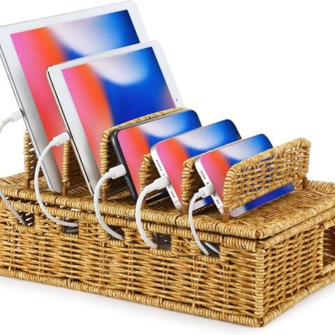 Cable Management Box Handwoven Imitation Rattan Cord Hider Box Charging Station Basket Desktop Cord Organizer with Removable Divider for Laptop Tablet 12.5lx5.9hx7.6w-inch(Rattan Color)