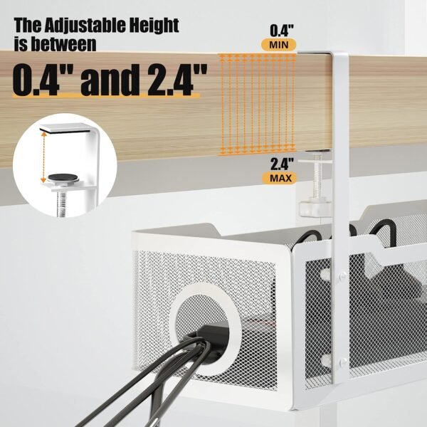 Under Desk Cable Management Tray White,  Wire Organizers No Drill, Cable Tray with Clamp for Wire Management, Cord Organization Box for Office, Home - No Damage to Desk