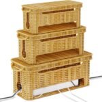 3-Pack Rattan Cable Management Boxes to Keep Cords Organized in Home and Office, Safe & Durable Cable Organizer Box for Clutter-Free Desktop & Floor, Smart Wire Groove Ventilated Cable Storage