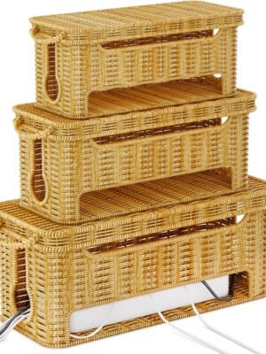 3-Pack Rattan Cable Management Boxes to Keep Cords Organized in Home and Office, Safe & Durable Cable Organizer Box for Clutter-Free Desktop & Floor, Smart Wire Groove Ventilated Cable Storage