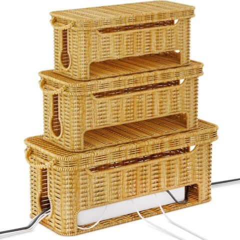 3-Pack Rattan Cable Management Boxes to Keep Cords Organized in Home and Office, Safe & Durable Cable Organizer Box for Clutter-Free Desktop & Floor, Smart Wire Groove Ventilated Cable Storage