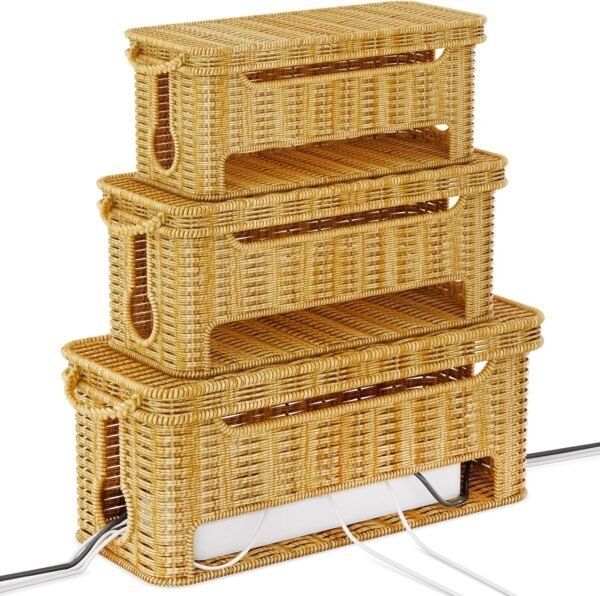 3-Pack Rattan Cable Management Boxes to Keep Cords Organized in Home and Office, Safe & Durable Cable Organizer Box for Clutter-Free Desktop & Floor, Smart Wire Groove Ventilated Cable Storage