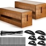 48 Pcs Wooden Cable Management Box Cable Organizer Box Set Power Strip Holder Cord Hider Clip Adhesive Management Ties Cord Sleeves for Desktop Home Office(Brown,Large)