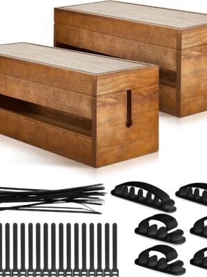 48 Pcs Wooden Cable Management Box Cable Organizer Box Set Power Strip Holder Cord Hider Clip Adhesive Management Ties Cord Sleeves for Desktop Home Office(Brown,Large)