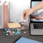 Clear Stackable Paper Clip Holder with Bamboo Lid 2-Layer Paperclip Box Thick Acrylic Office Supply Accessory Organizer Square Small Storage Holder Cute Qtip Holder for Office Bathroom Vanity