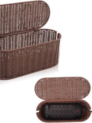 Cable Management Box, Handmade Rattan Cable Organizer, 2 Open Slots Cords Hider Box, Under Desk Cord Organizer for Computer Router USB Hub & Power Strip, Patent Pending, 15.9" x 6.5" x 6.5", Brown