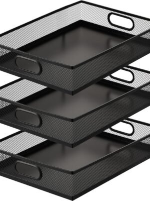 3 Pcs Desk Drawer Organizer Tray Metal Mesh Desktop Storage Box File Organizer with Handle Portable Large Storage Basket for Office Supplies Craft Magazine Paper 12.87" x 9" x 2.4" (Black)