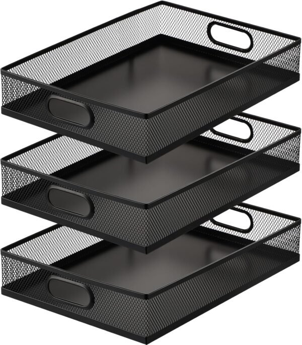 3 Pcs Desk Drawer Organizer Tray Metal Mesh Desktop Storage Box File Organizer with Handle Portable Large Storage Basket for Office Supplies Craft Magazine Paper 12.87" x 9" x 2.4" (Black)