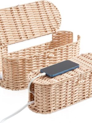 Cable Management Box 2Pack Cream, Handwoven Large and Small Cable Organizer Box Cover to Hide Cords and Power Strip, Imitation Wicker Cord Organizer Box Hider for Office Desk and Floor