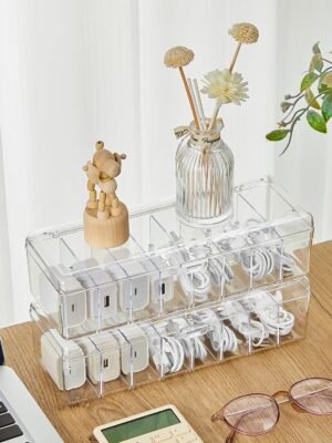 2 Pcs Cable Organizer with 20 Wire Ties and 2 Sort Stickers, Clear Plastic Cord Storage Box with Lid for Home Office Desk Organizers and Accessories
