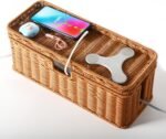 Handmade Cable Management Box, Rattan Cord Organizer Basket with Border Bar Lid, 3 Open Slots Cords Hider Box, Desk Organizer for TV Wires Computer Router USB Hub & Power Strip (Natural)