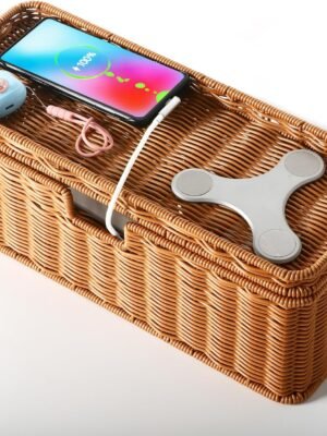 Handmade Cable Management Box, Rattan Cord Organizer Basket with Border Bar Lid, 3 Open Slots Cords Hider Box, Desk Organizer for TV Wires Computer Router USB Hub & Power Strip (Natural)