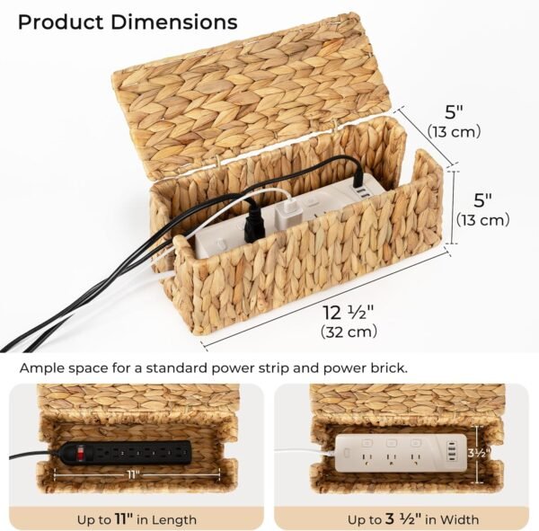 Cable Management Box, 2 Slots Wicker Cable Organizer to Hide Cords and Power Strip, Water Hyacinth Cord Hider Box for Home & Office