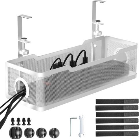 Under Desk Cable Management Tray White,  Wire Organizers No Drill, Cable Tray with Clamp for Wire Management, Cord Organization Box for Office, Home - No Damage to Desk