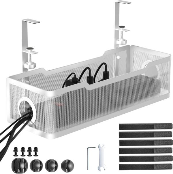 Under Desk Cable Management Tray White,  Wire Organizers No Drill, Cable Tray with Clamp for Wire Management, Cord Organization Box for Office, Home - No Damage to Desk