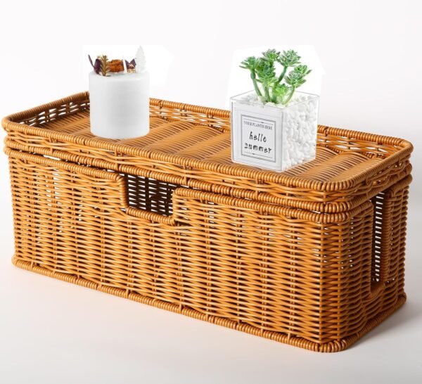 Handmade Cable Management Box, Rattan Cord Organizer Basket with Border Bar Lid, 3 Open Slots Cords Hider Box, Desk Organizer for TV Wires Computer Router USB Hub & Power Strip (Natural)