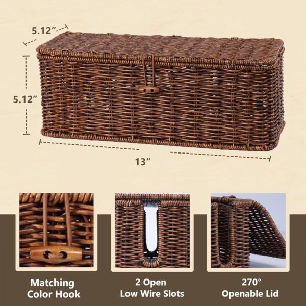 Cable Management Box, Rattan Style Cord Organizer for Desk Cord Hider Outlet Covers Baby Proofing for Power Strip TV PC Router Charger Under Desk Storage with Lockable Lid and Cable Ties