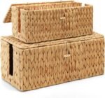 Cable Management Box with Lid, 2Pack Handwoven  Cord Hider Organizer Boxes, 2 Side Open Slots Storage Box to Hide Cords Power Strip for Desk, Floor, Office
