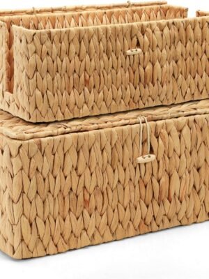 Cable Management Box with Lid, 2Pack Handwoven  Cord Hider Organizer Boxes, 2 Side Open Slots Storage Box to Hide Cords Power Strip for Desk, Floor, Office