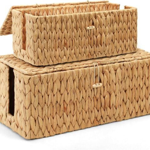 Cable Management Box with Lid, 2Pack Handwoven  Cord Hider Organizer Boxes, 2 Side Open Slots Storage Box to Hide Cords Power Strip for Desk, Floor, Office