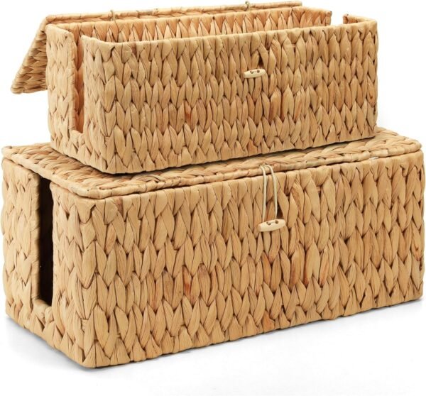 Cable Management Box with Lid, 2Pack Handwoven  Cord Hider Organizer Boxes, 2 Side Open Slots Storage Box to Hide Cords Power Strip for Desk, Floor, Office