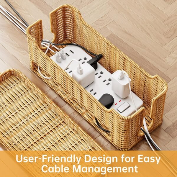 3-Pack Rattan Cable Management Boxes to Keep Cords Organized in Home and Office, Safe & Durable Cable Organizer Box for Clutter-Free Desktop & Floor, Smart Wire Groove Ventilated Cable Storage
